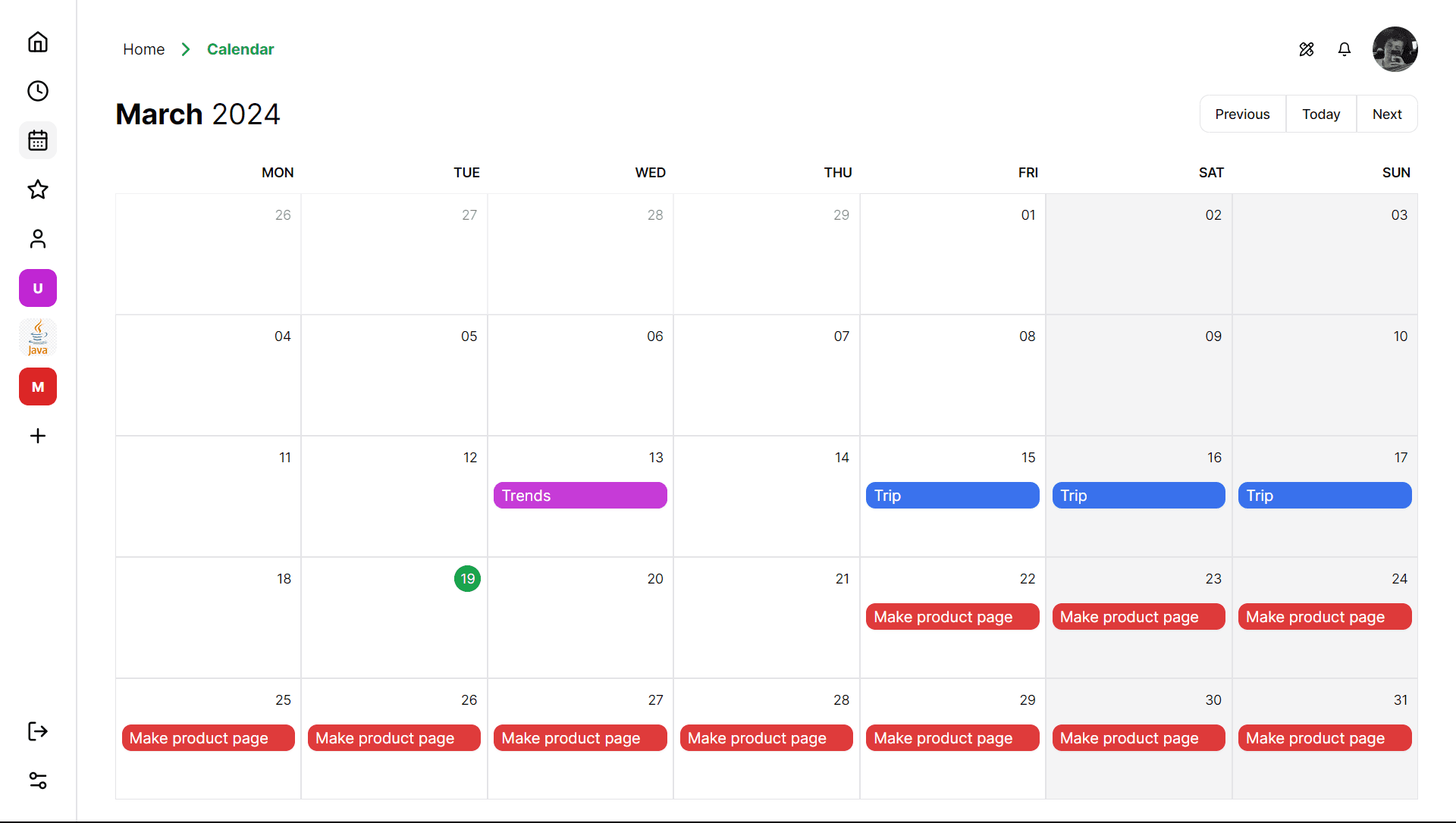 calendar - light theme