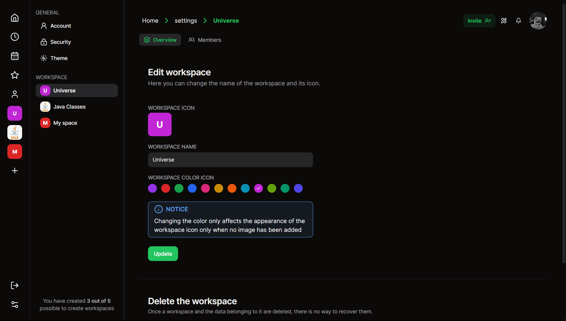 settings - dark theme