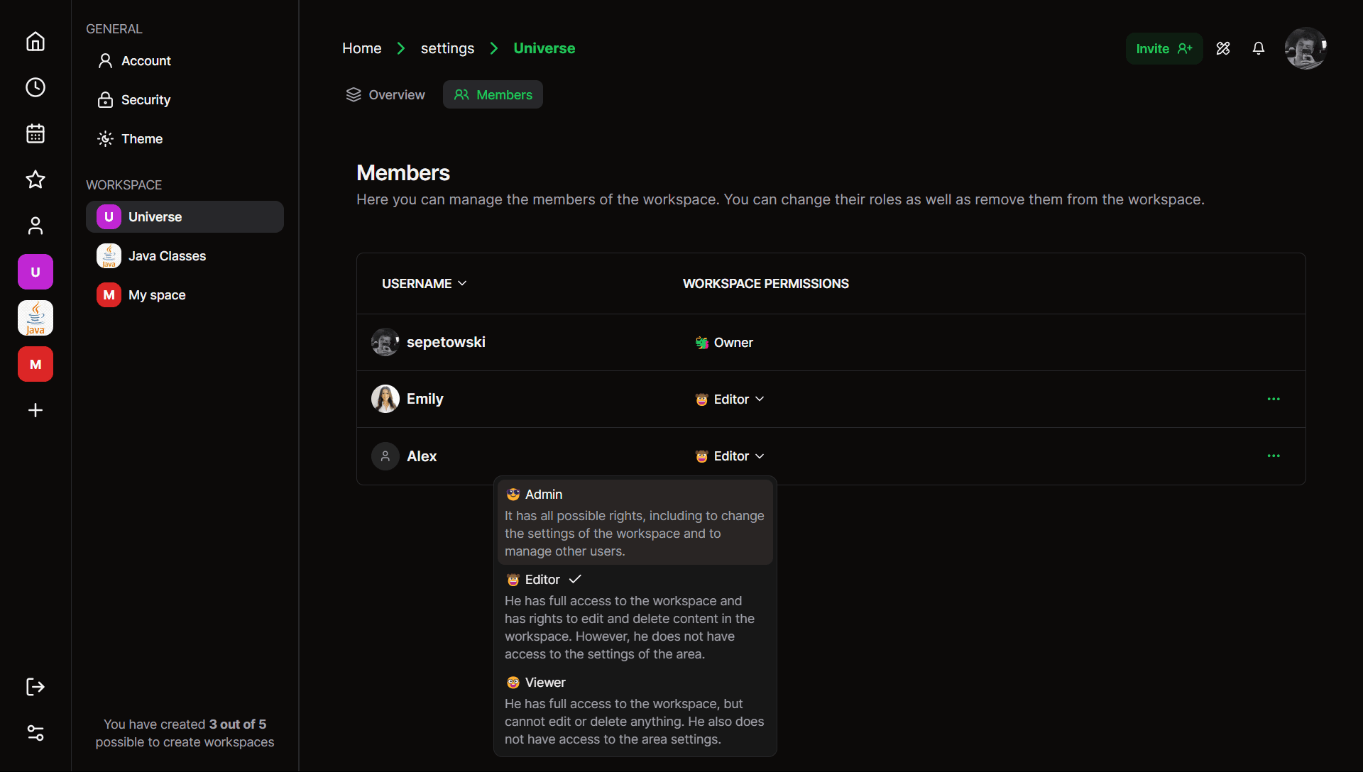 settings - dark theme