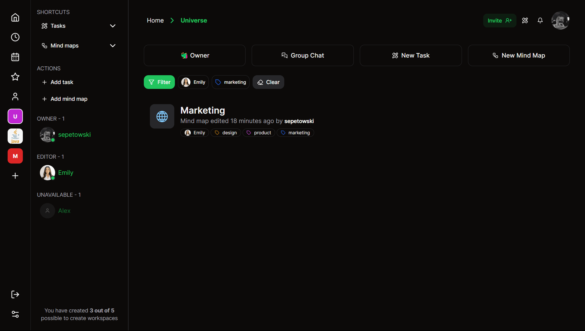 Workspace page - dark theme